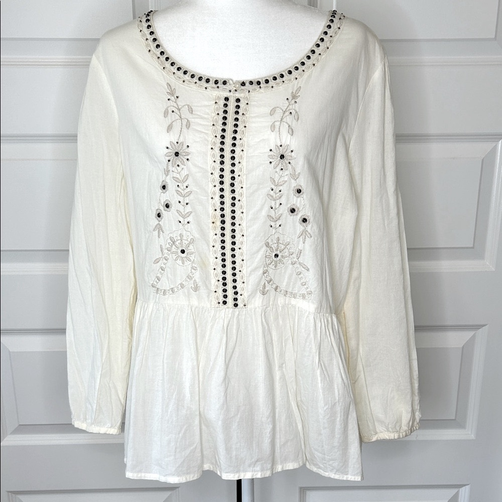 Sweet Magnolias Cream Embellished Peplum Cotton Blouse with Bell Sleeves, Sz Lg